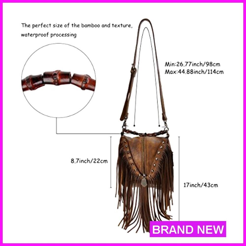Leather Crossbody Bag Bohemian Tassel Fringe Hand Strap Adjustable Shoulder - Picture 2 of 7